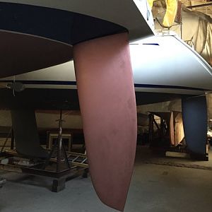 Freshly hung rudder  5 21 2015.  Delayed start of season by @ 10 days, but the weather wasn't great anyway and the deed is done and hung.